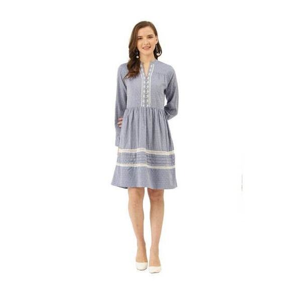 Label Ritukumar Ritu Kumar Small Blue Chambray Cotton Dot and Beaded Dress - Picture 1 of 8